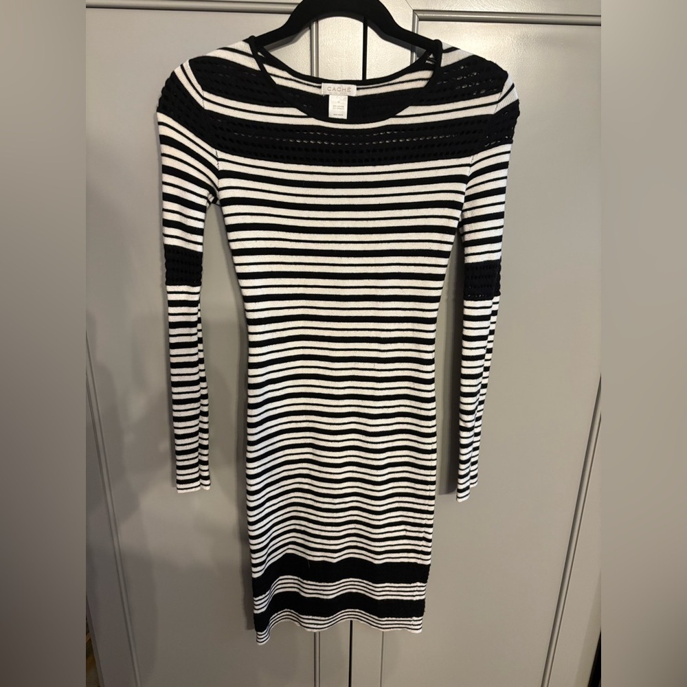 Y2K Cache Black and White Striped Long Sleeve Bodycon sweater dress XS